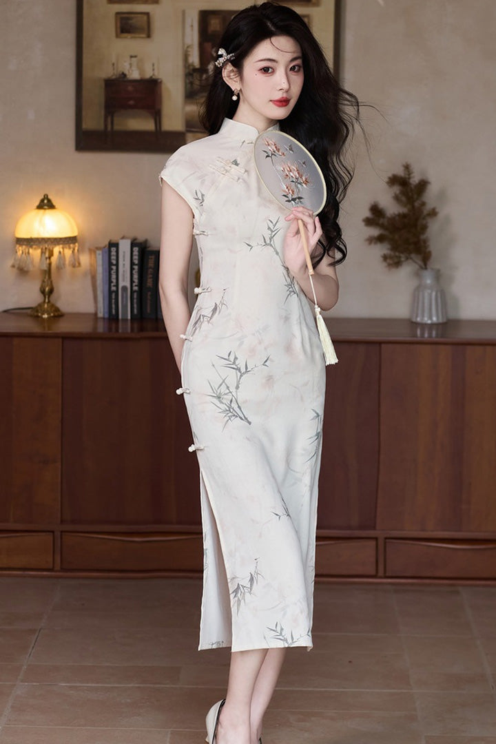 Summer New Chinese Style Slim Fit Qipao | Fresh Bamboo Print Long Dress