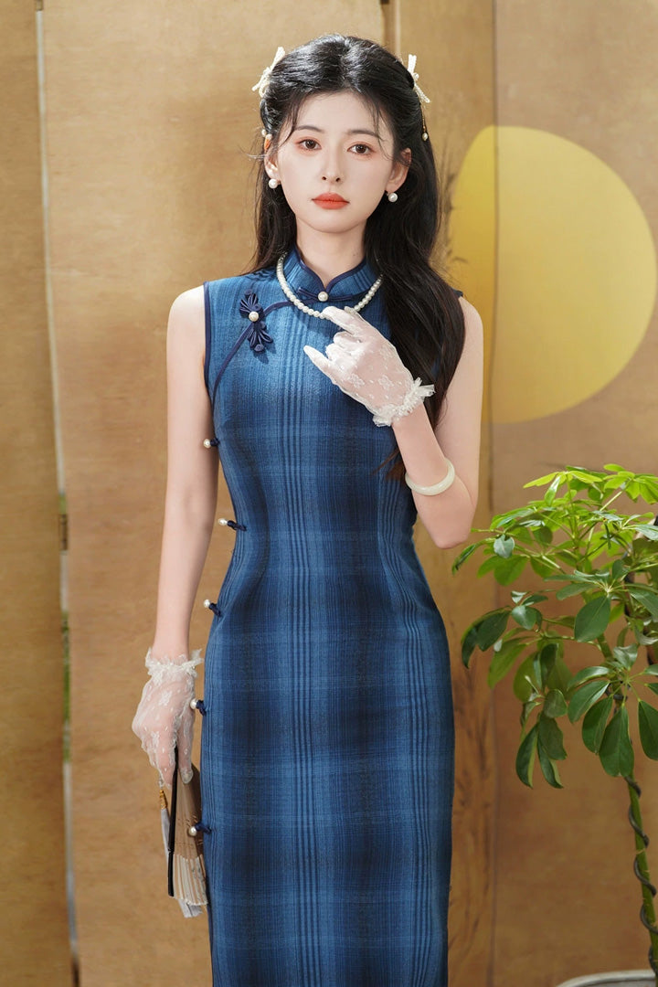 Summer Sleeveless Blue Vintage Qipao | Slim Fit Elegant Cheongsam Dress