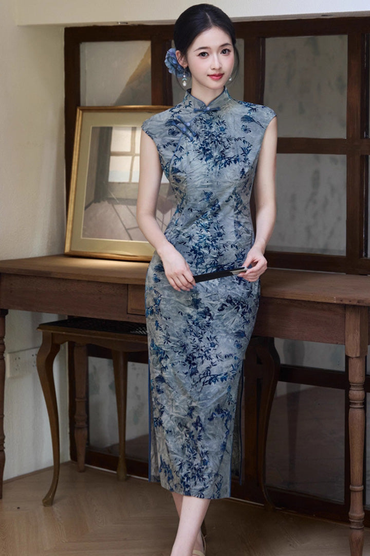 Summer Tie-Dye Sleeveless Vintage Qipao | Long Slim Chinese Dress