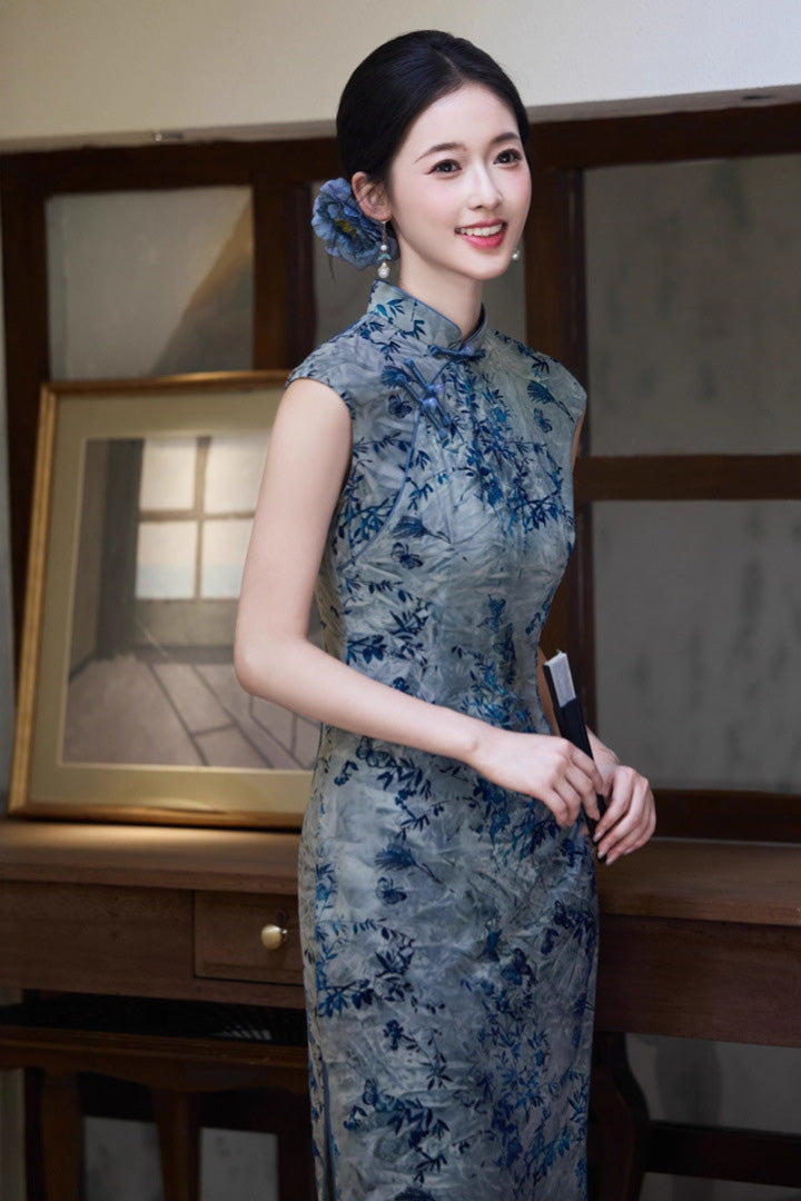Summer Tie-Dye Sleeveless Vintage Qipao | Long Slim Chinese Dress