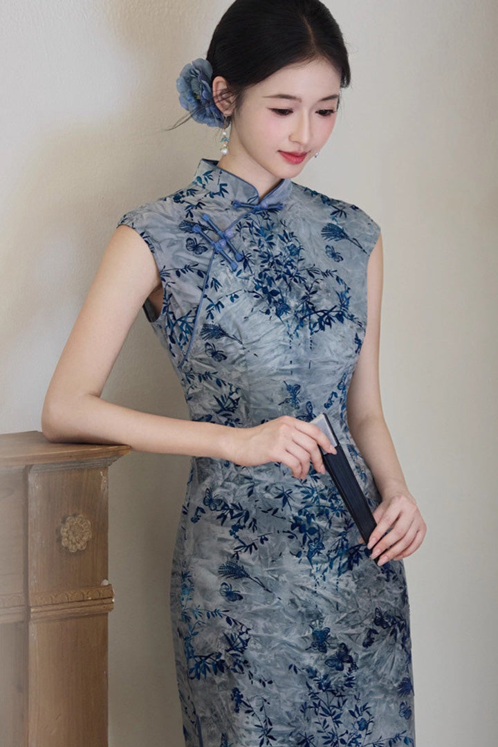 Summer Tie-Dye Sleeveless Vintage Qipao | Long Slim Chinese Dress