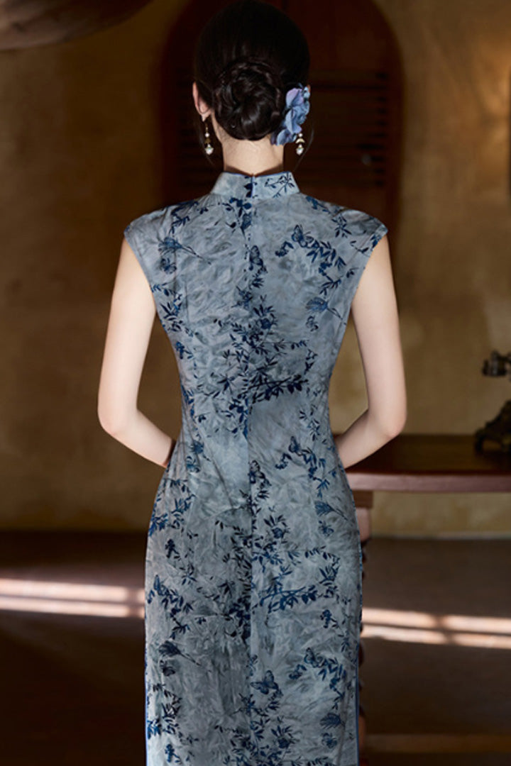 Summer Tie-Dye Sleeveless Vintage Qipao | Long Slim Chinese Dress