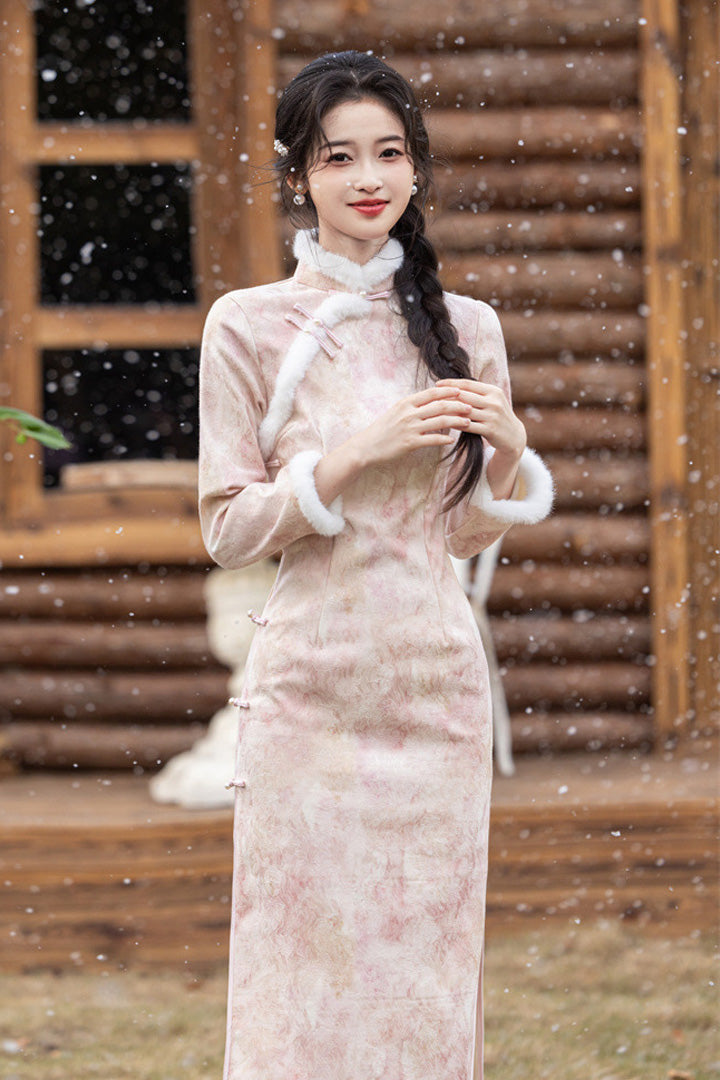 Winter Fur Collar Qipao | Long Thick Warm Elegant Dress