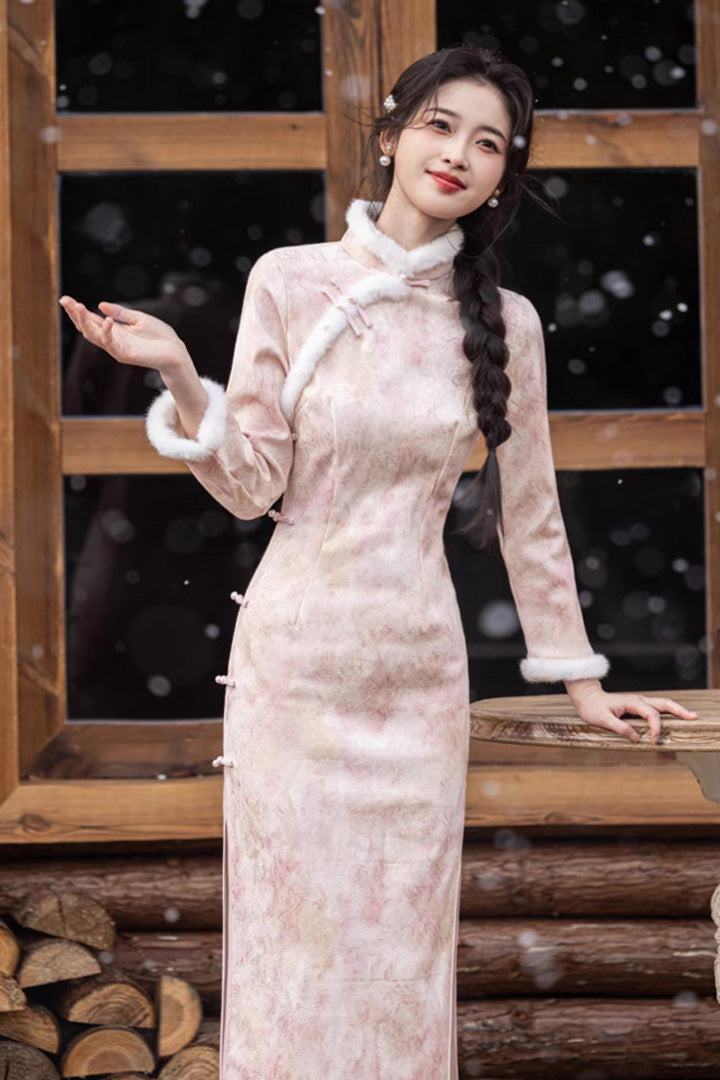 Winter Fur Collar Qipao | Long Thick Warm Elegant Dress