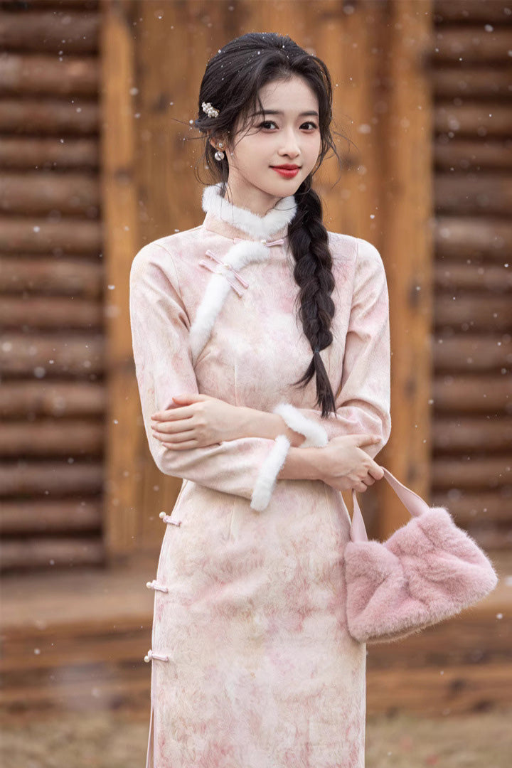 Winter Fur Collar Qipao | Long Thick Warm Elegant Dress