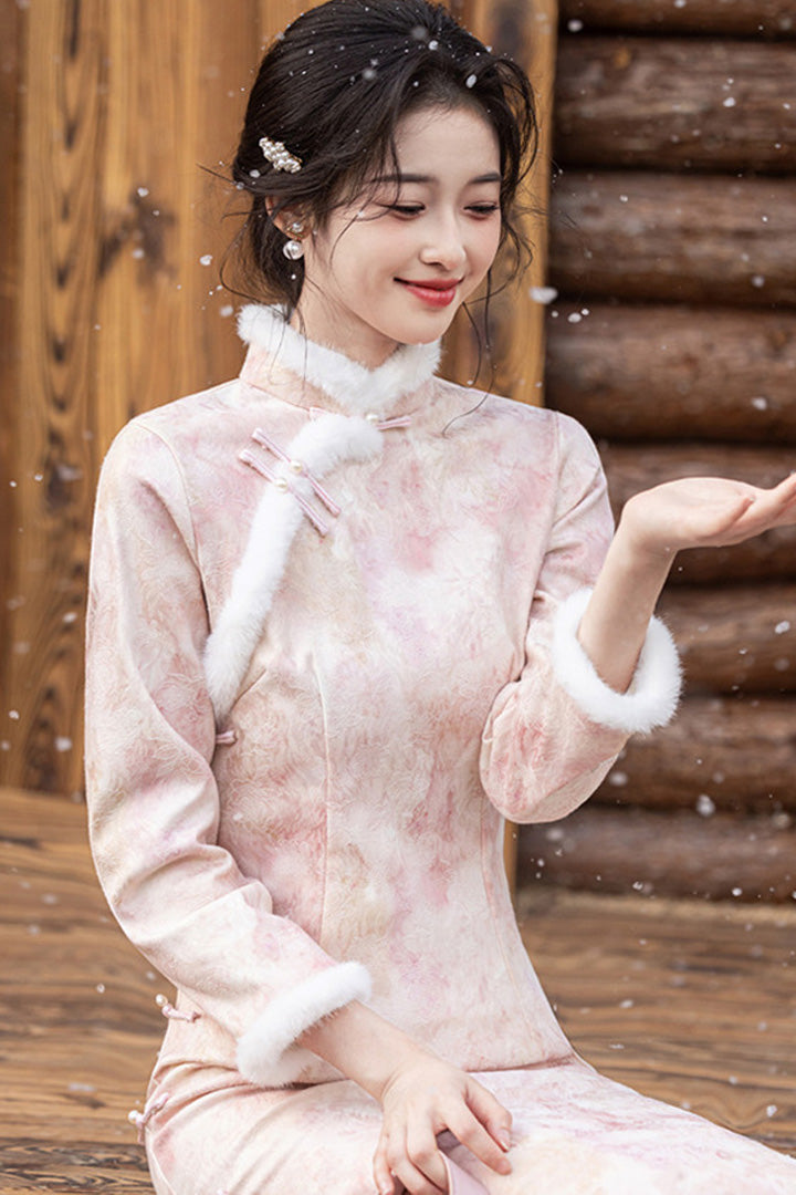 Winter Fur Collar Qipao | Long Thick Warm Elegant Dress