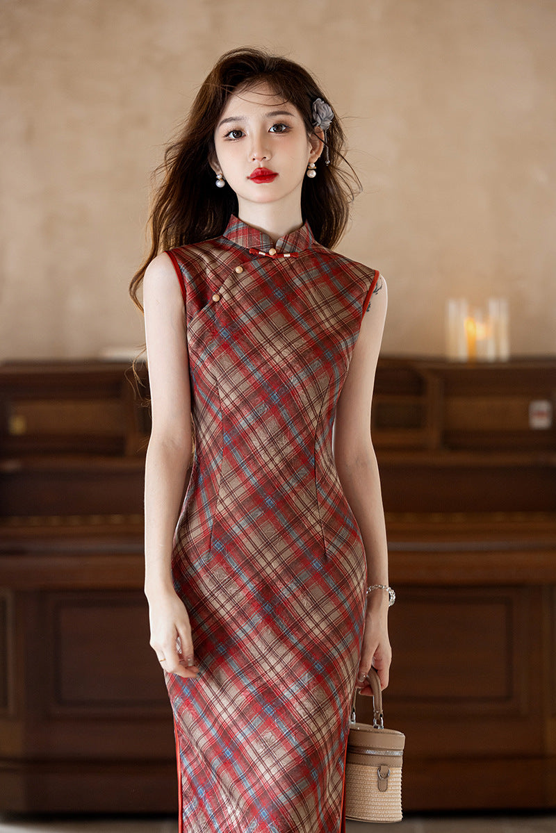 Plaid Cheongsam Dress With Elegant High-Slit Design