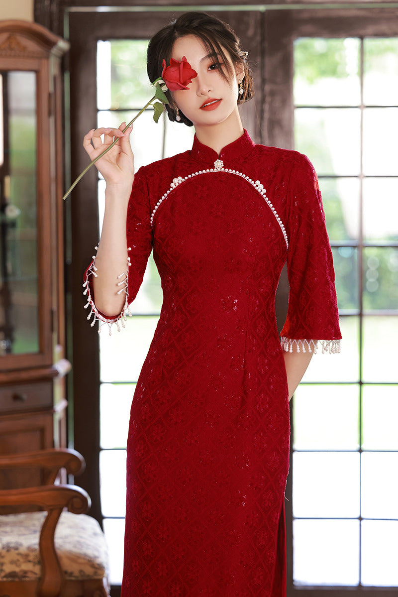 Elegant Red Lace Wedding Cheongsam Dress