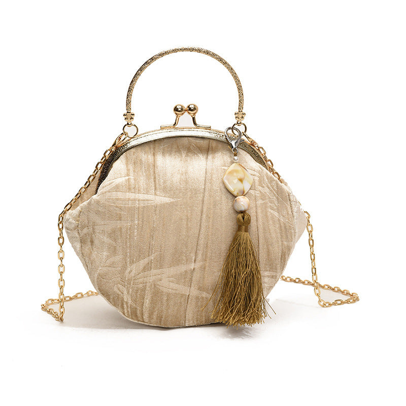 Elegant Bamboo Handle Velvet Evening Bag with Tassel Pendant