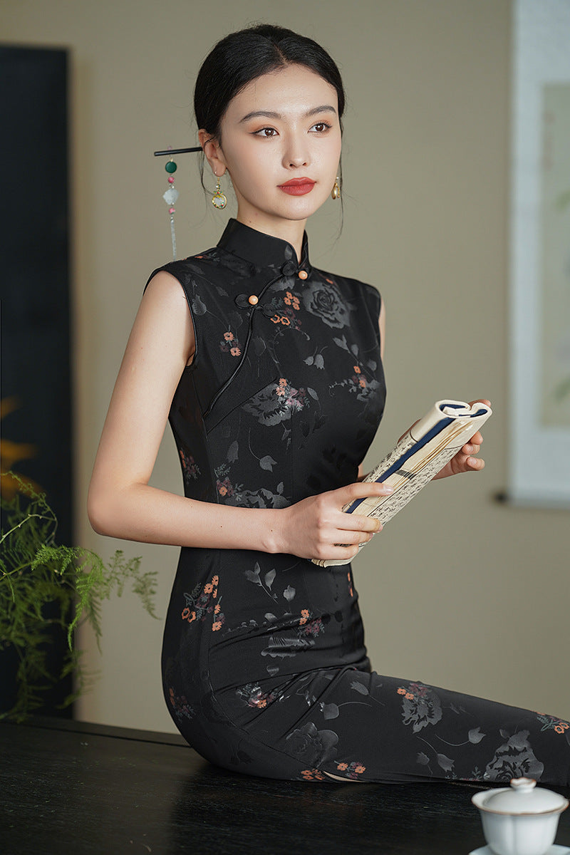 Elegant Black Cheongsam with Floral Patterns