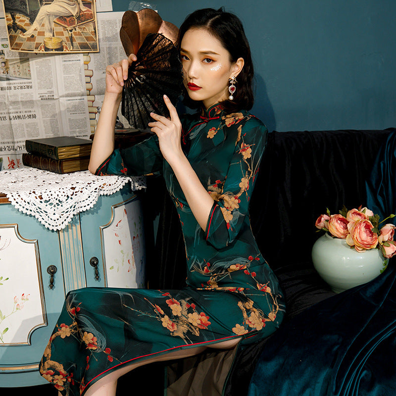 女式复古碎花旗袍