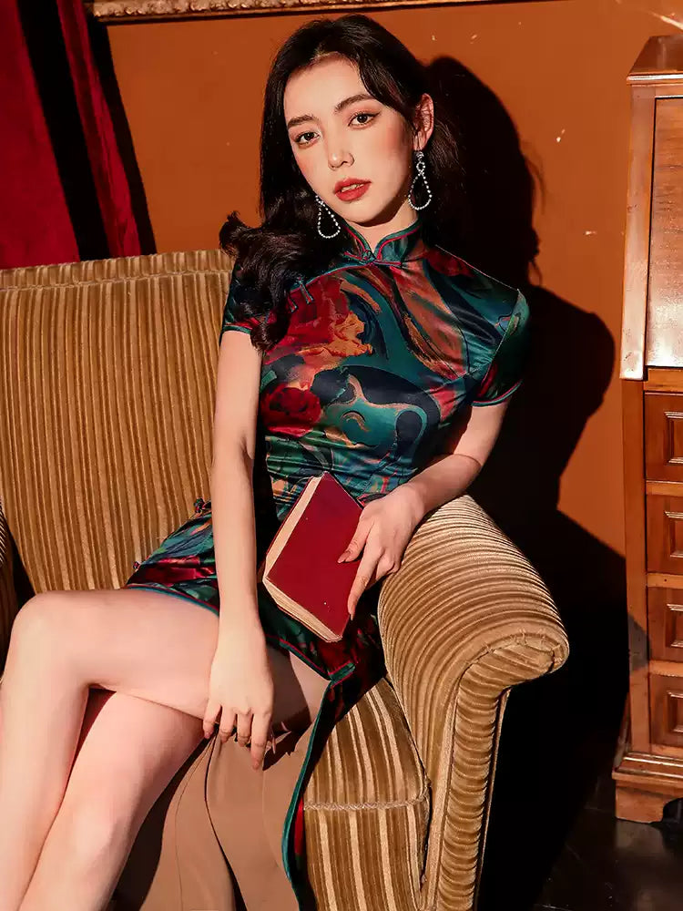 侧开衩碎花天鹅绒旗袍连衣裙