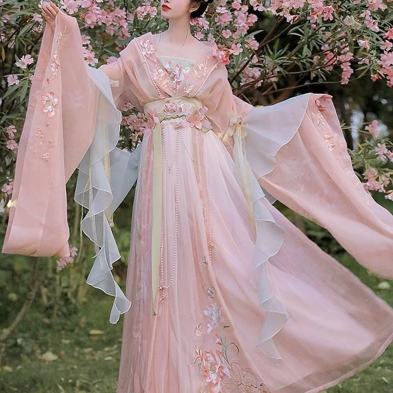 Pink Tang Dynesty Hanfu Dress Traditional Embroidered Floral Design