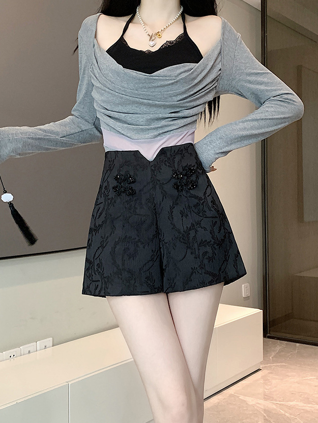 Elegant High-Waisted Jacquard Shorts with Floral Embroidery