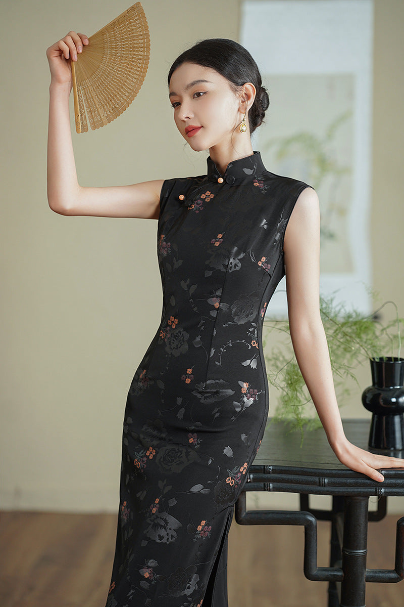 Elegant Black Cheongsam with Floral Patterns