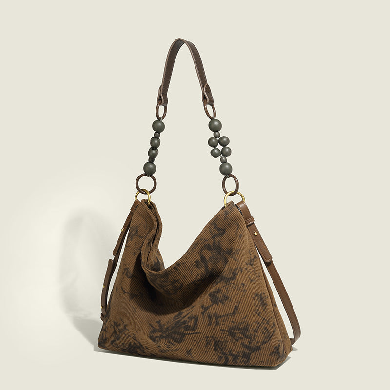 Vintage Style Printed Corduroy Shoulder Bag with Beaded Handle and Adjustable Strap