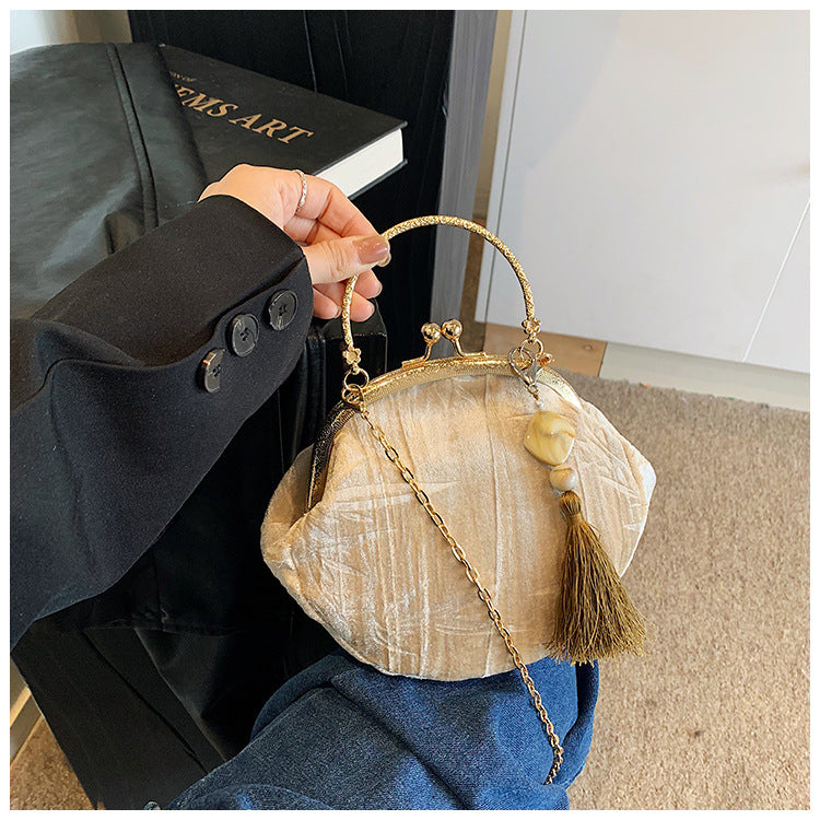Elegant Bamboo Handle Velvet Evening Bag with Tassel Pendant