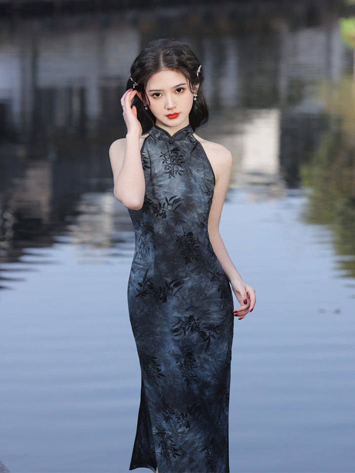 Elegant Black Bamboo Pattern Halter Qipao Dress - Chinese Inspired Style