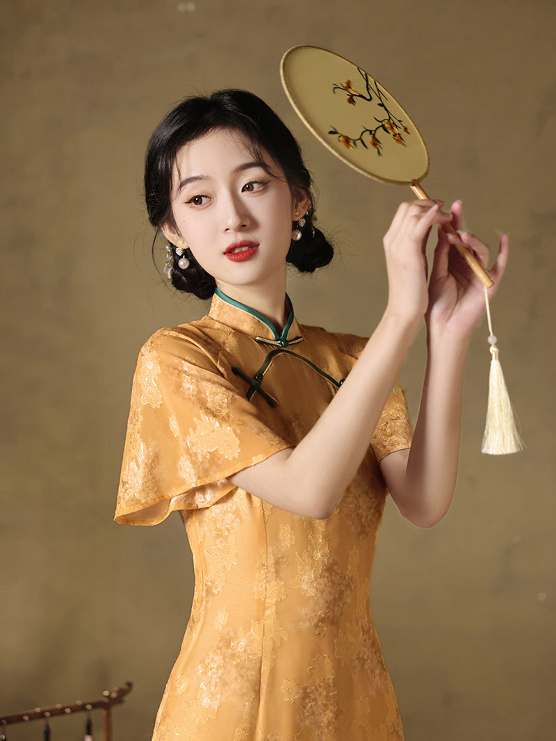 复古蓝色碎花旗袍,中式立领,侧开衩