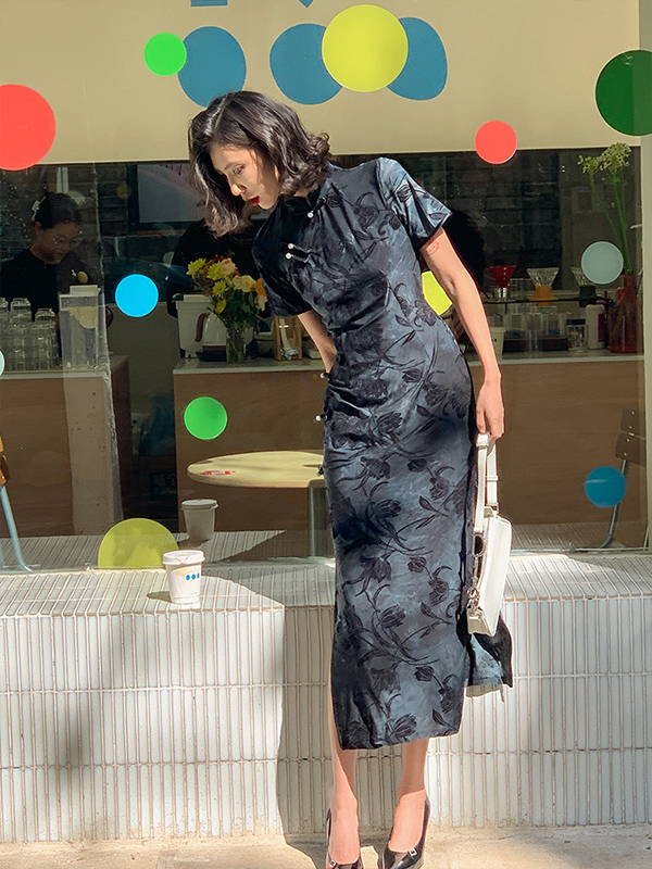 Black Floral Cheongsam Dress Elegant Evening Style