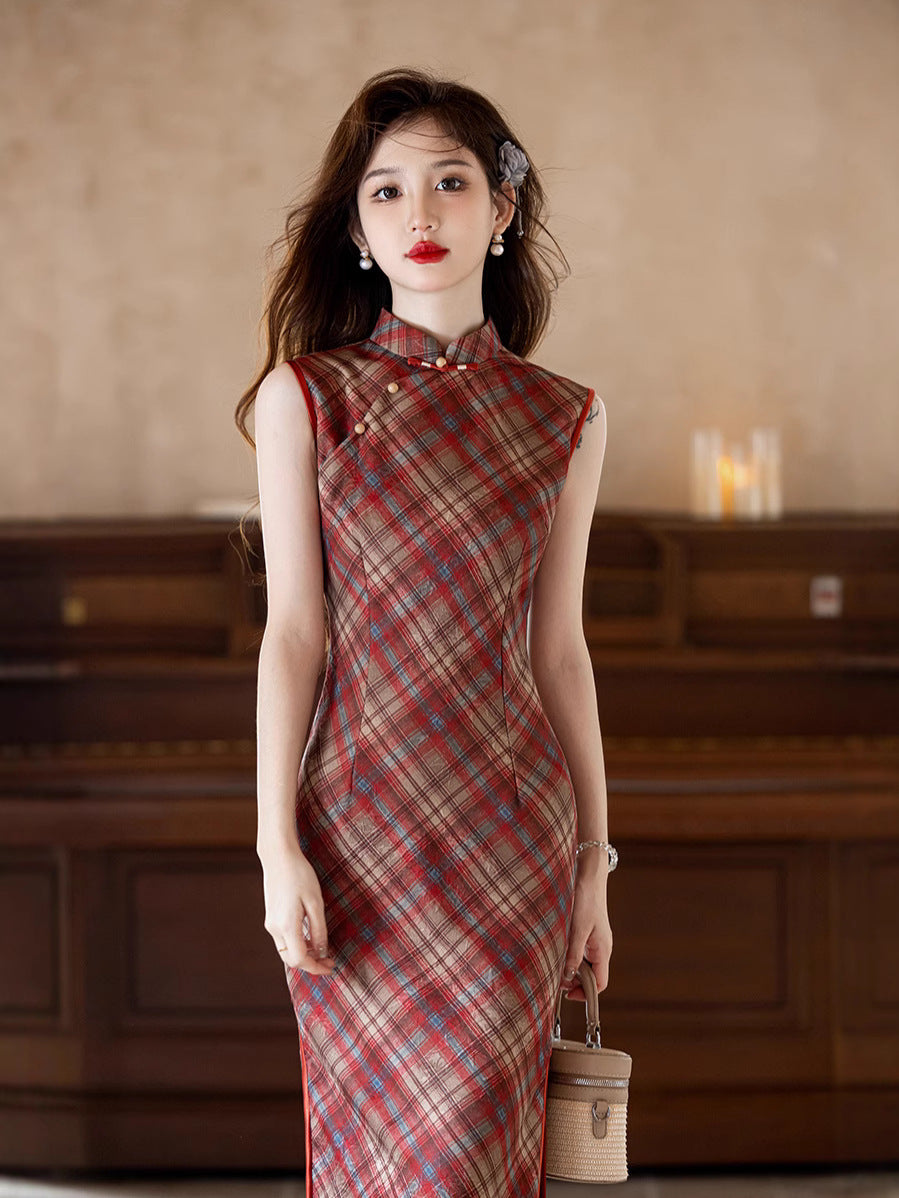 Plaid Cheongsam Dress With Elegant High-Slit Design