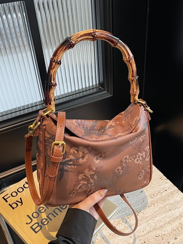 Vintage Bamboo Handle Floral Leather Bag For Hanfu Style
