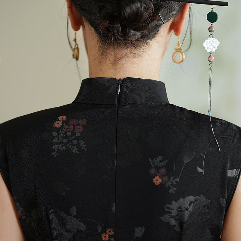Elegant Black Cheongsam with Floral Patterns