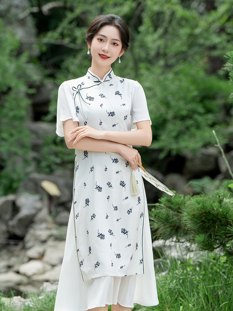 Elegant Floral Print Chinese Style Dress with Short Sleeves and Flowing Hemline