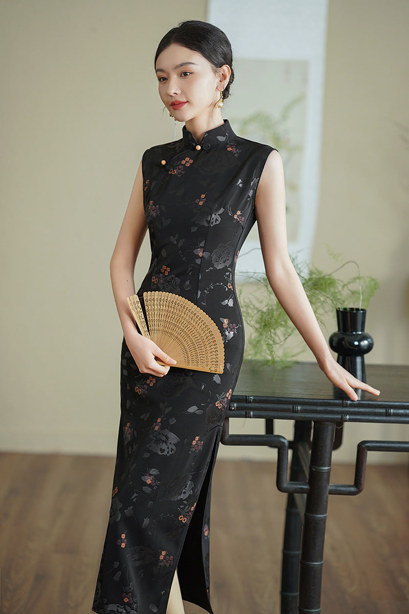 Elegant Black Cheongsam with Floral Patterns