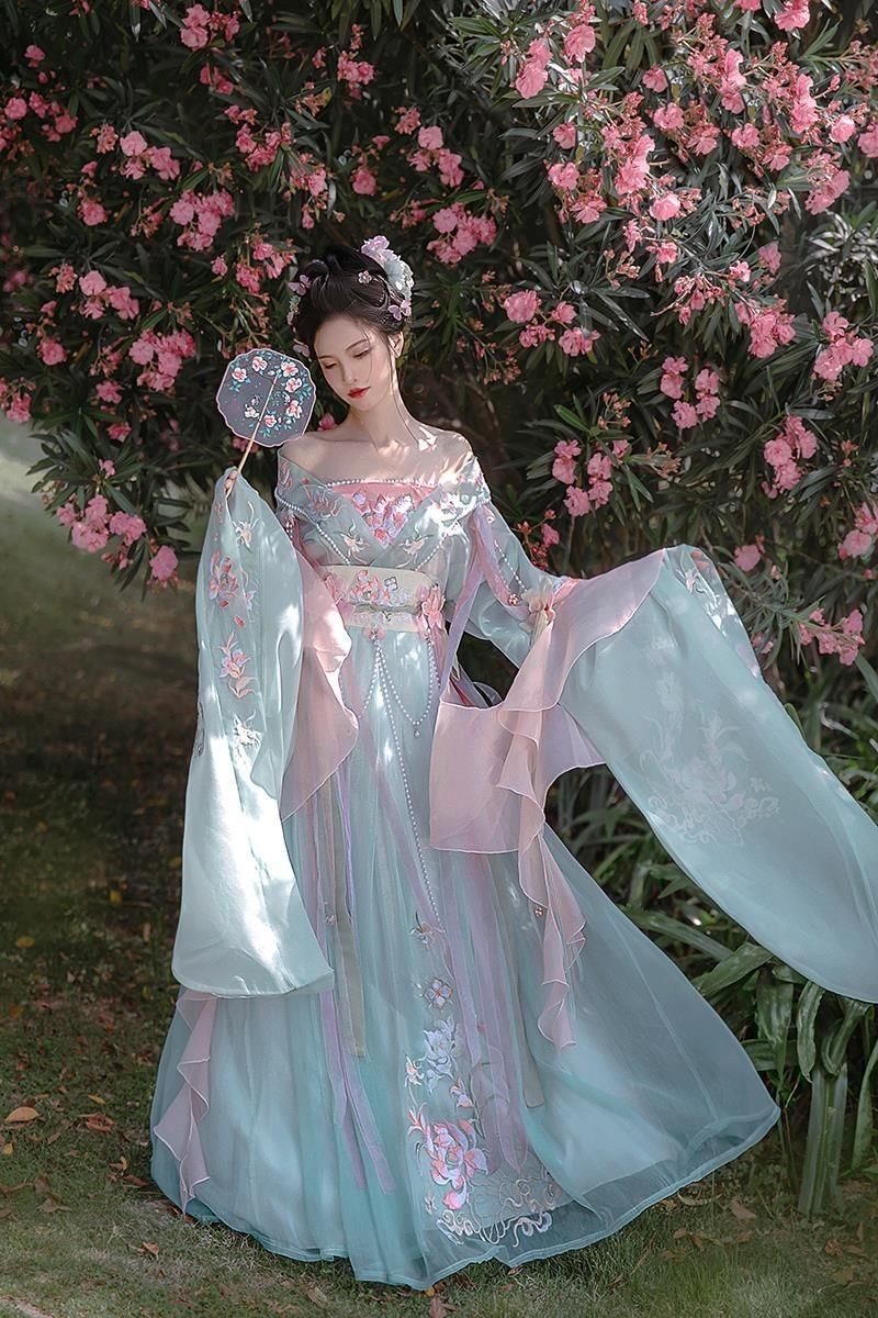 Tang Dynasty Blue Hanfu Dress Traditional Floral Embroidery Dress