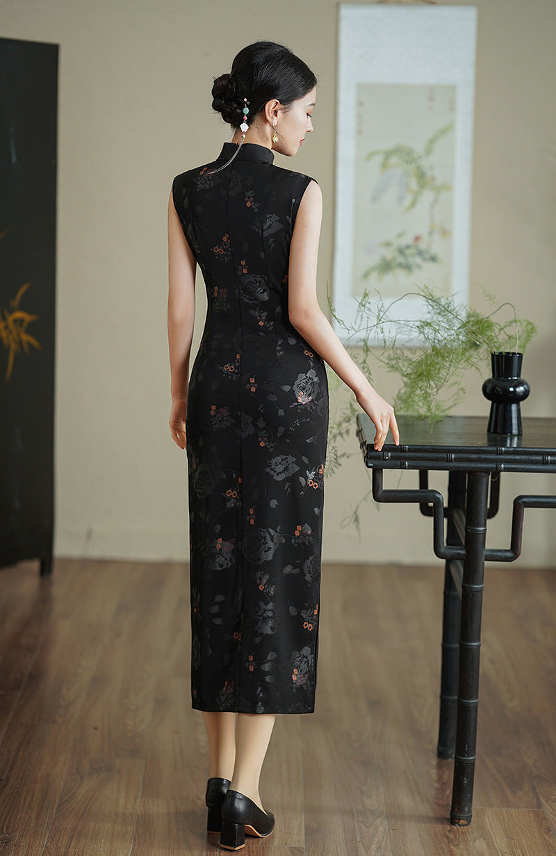 Elegant Black Cheongsam with Floral Patterns
