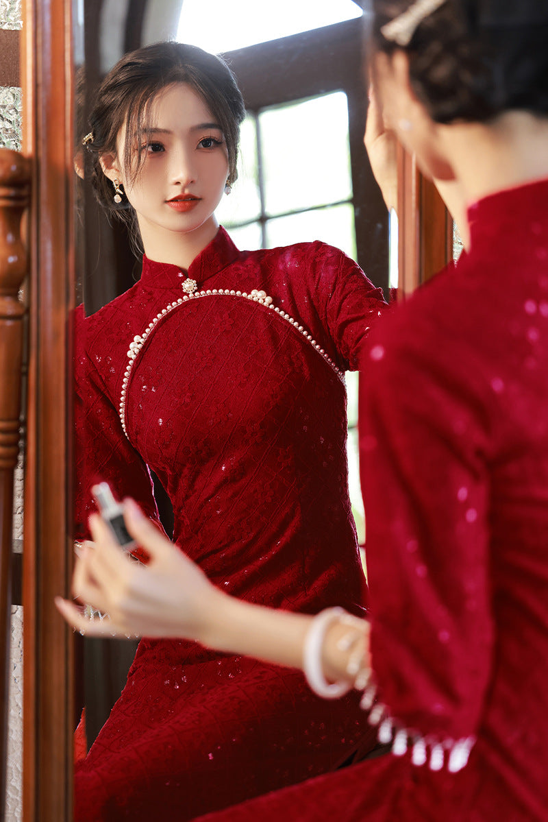 Elegant Red Lace Wedding Cheongsam Dress
