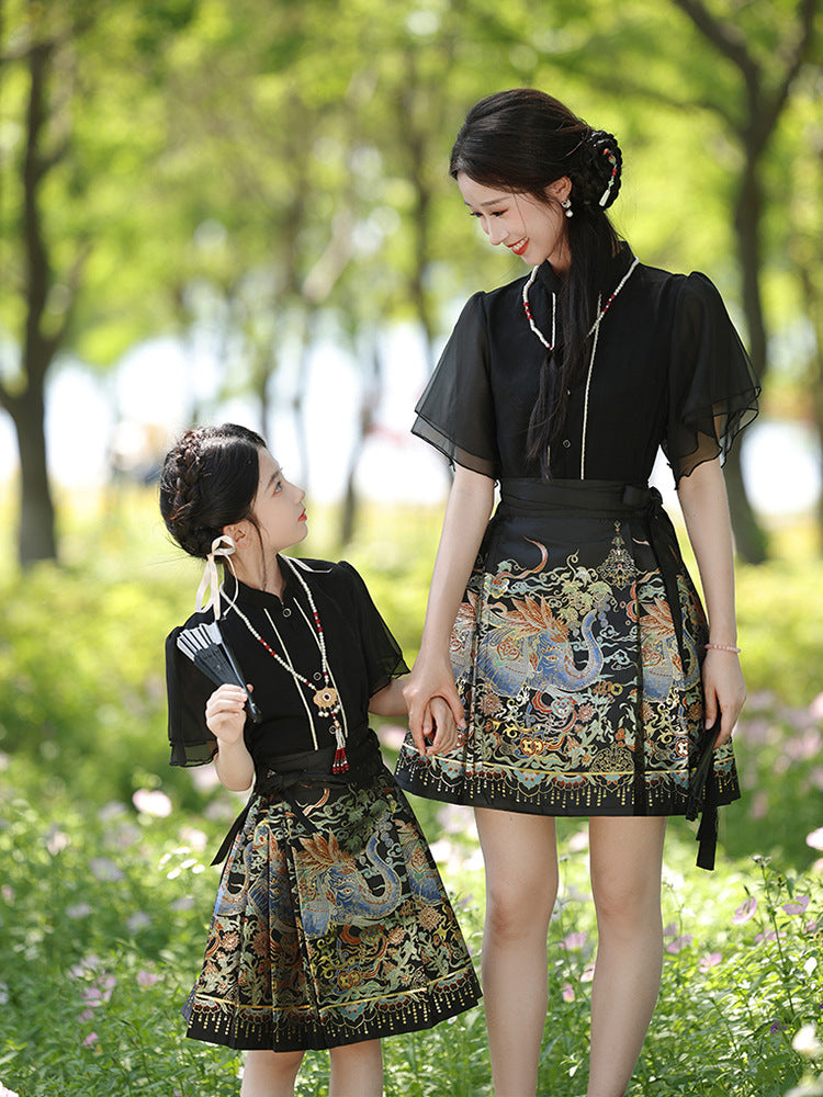 Elegant Black Mother-Daughter Hanfu Dress With Dragon Motif