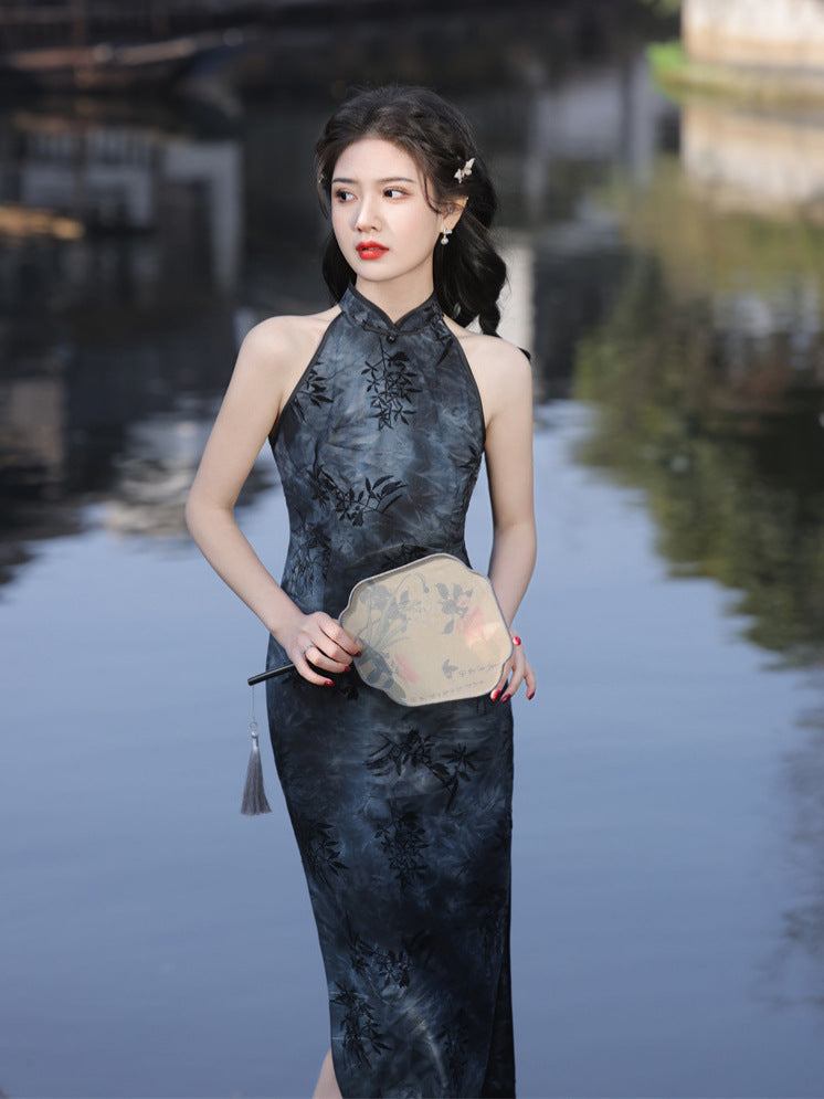 Elegant Black Bamboo Pattern Halter Qipao Dress - Chinese Inspired Style