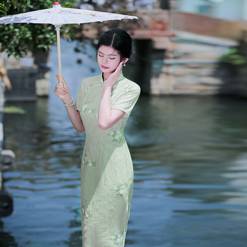 Women Pastel Green Modern Cheongsam Dress - Floral Lace Han Grace Women Pastel Green Modern Cheongsam Dress - Floral Lace Han Grace