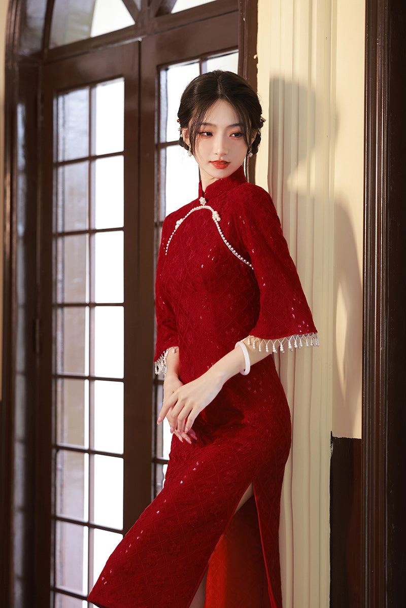 Elegant Red Lace Wedding Cheongsam Dress