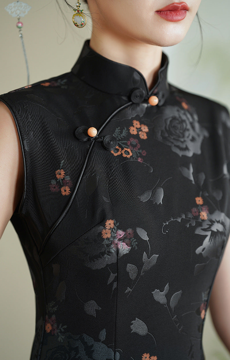 Elegant Black Cheongsam with Floral Patterns