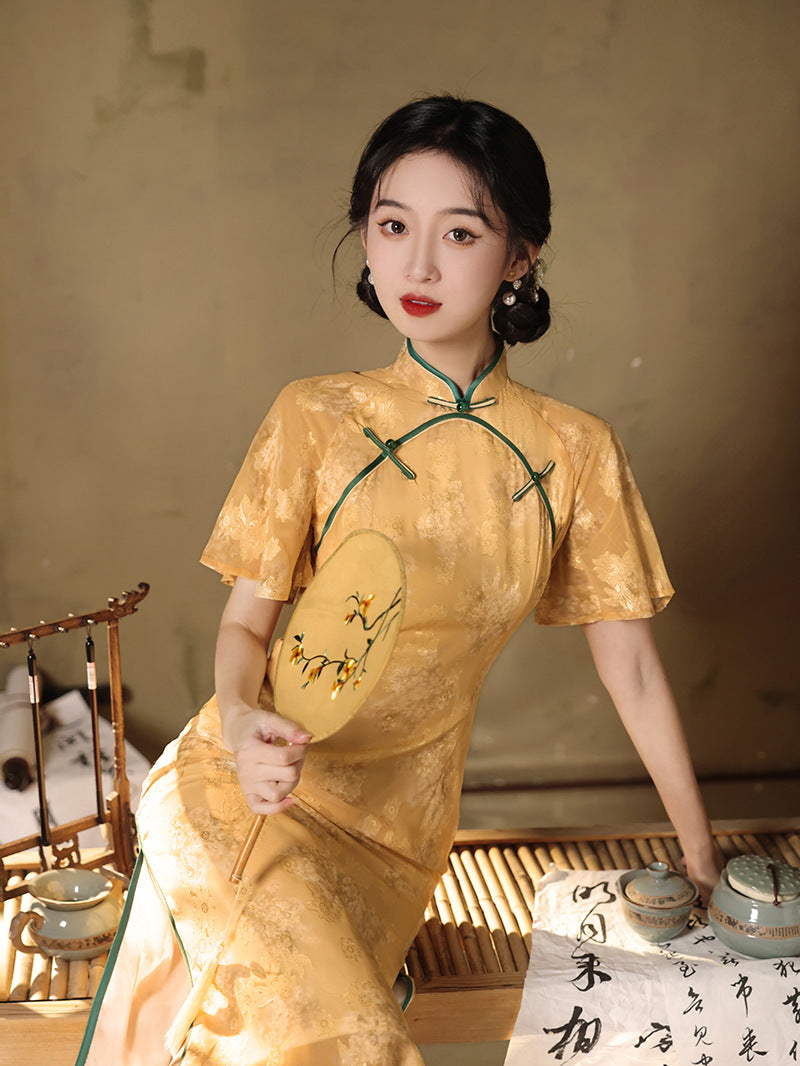 复古蓝色碎花旗袍,中式立领,侧开衩