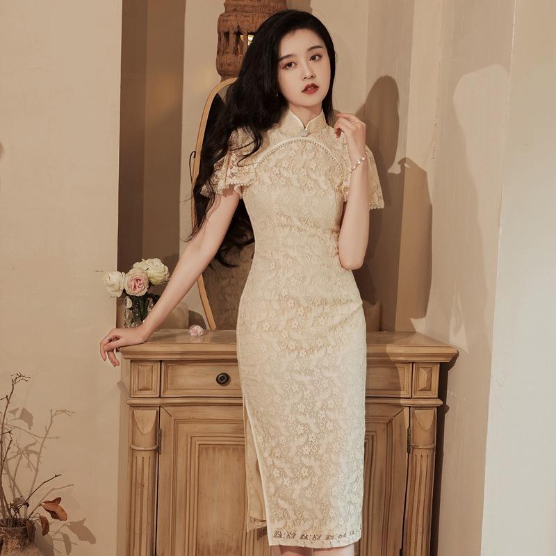 Lady's Triditional Chinese Elgant Lace Wedding Cheongsam Dress