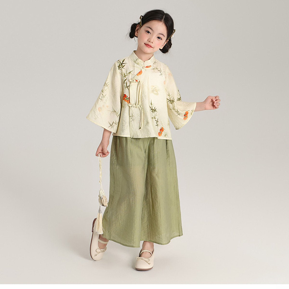 Girl's Bamboo Printing Green Two Pieces Set