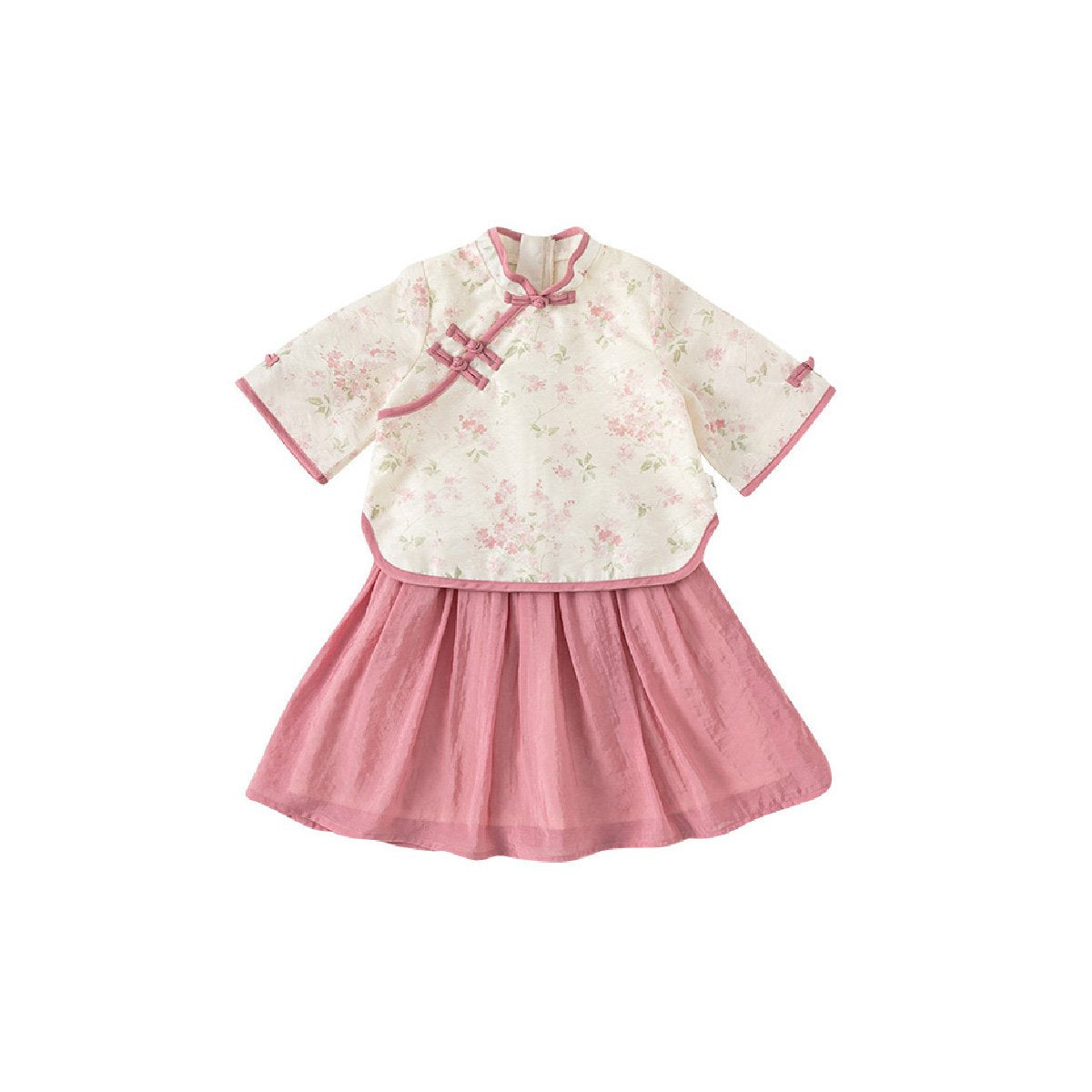Girls' New Chinese Style Pink Floral Two-Piece Set