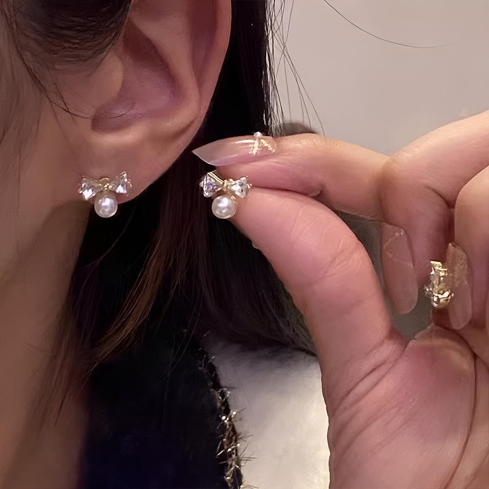 白色锆石水晶珍珠蝴蝶结耳钉,优雅女士最佳礼物
