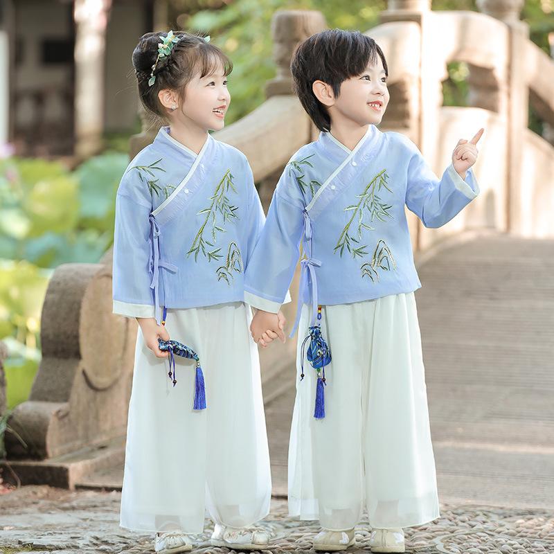 Girls' Bamboo Embroidered Blue & White Hanfu