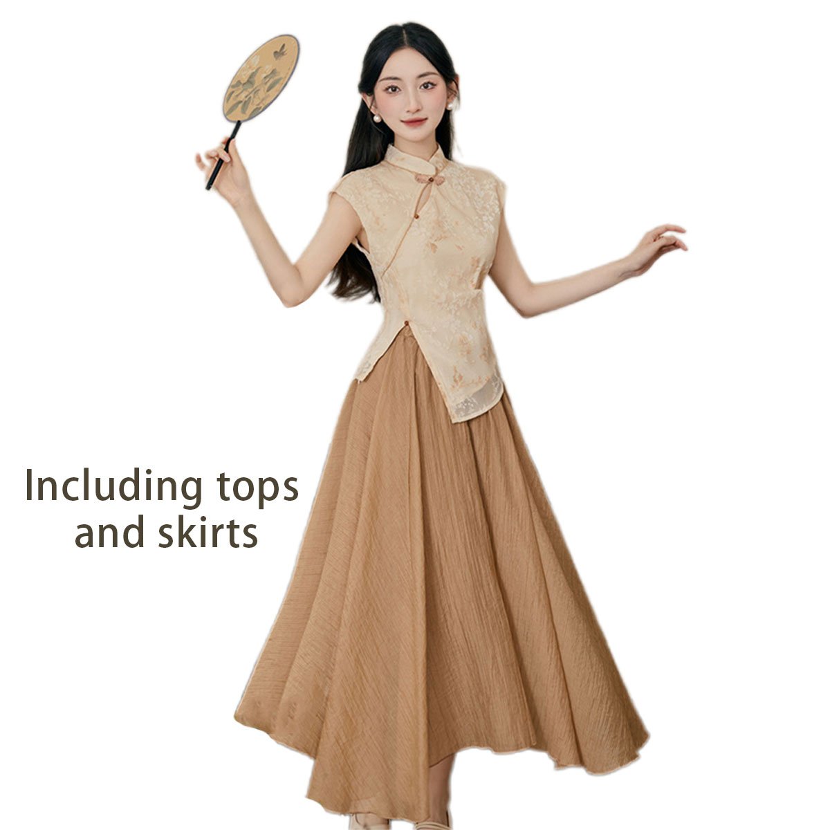 New Chinese Sleeveless Top with Half-body Skirt Set