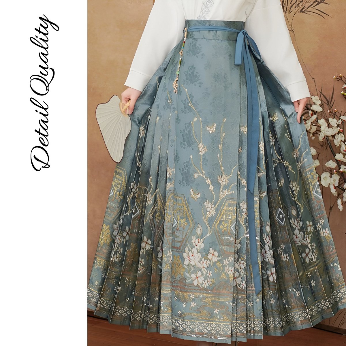Blue Chinese Style Hanfu with Embroidered Mamianqun Skirt