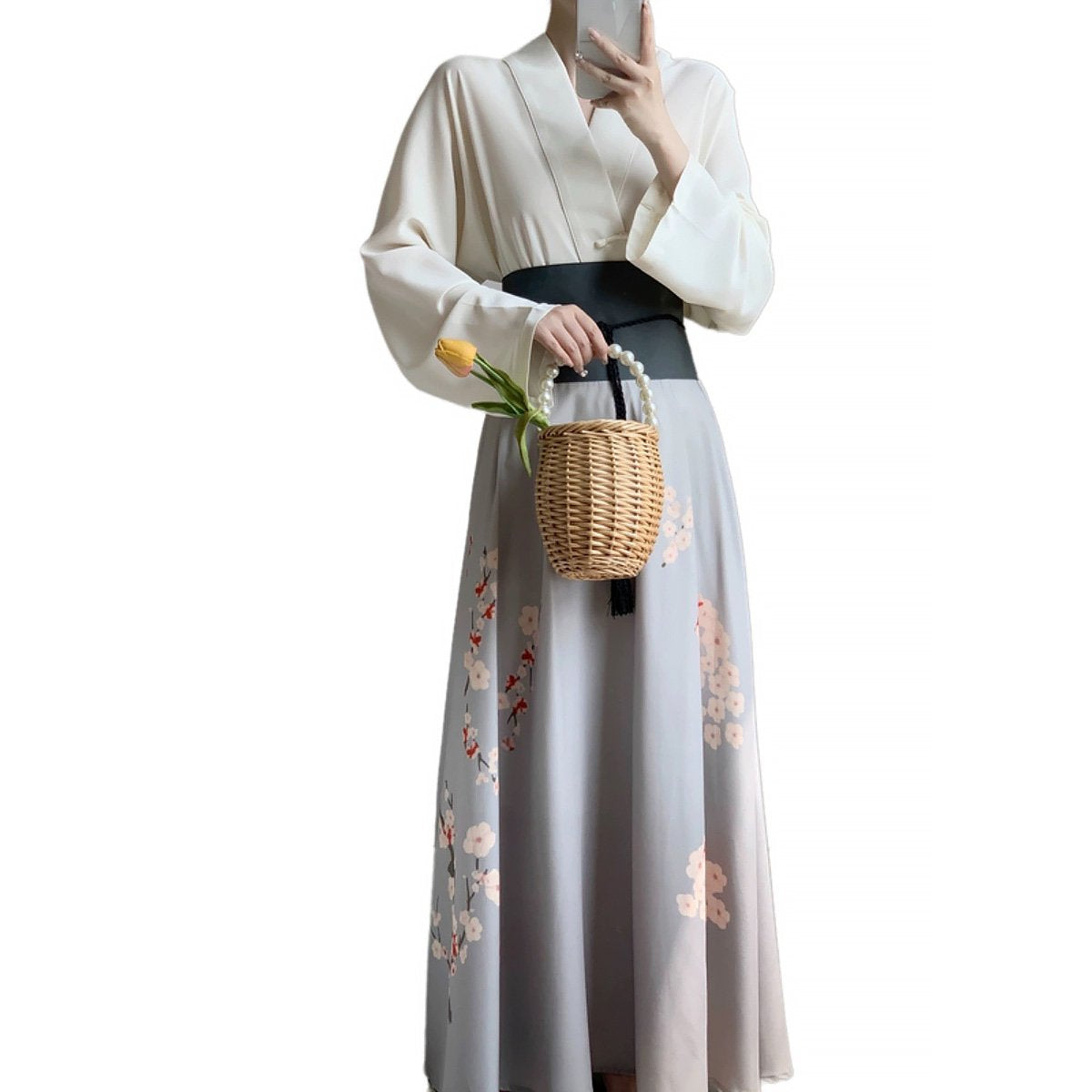 Women's White and Grey Chinese Style Dress Two-Piece Set