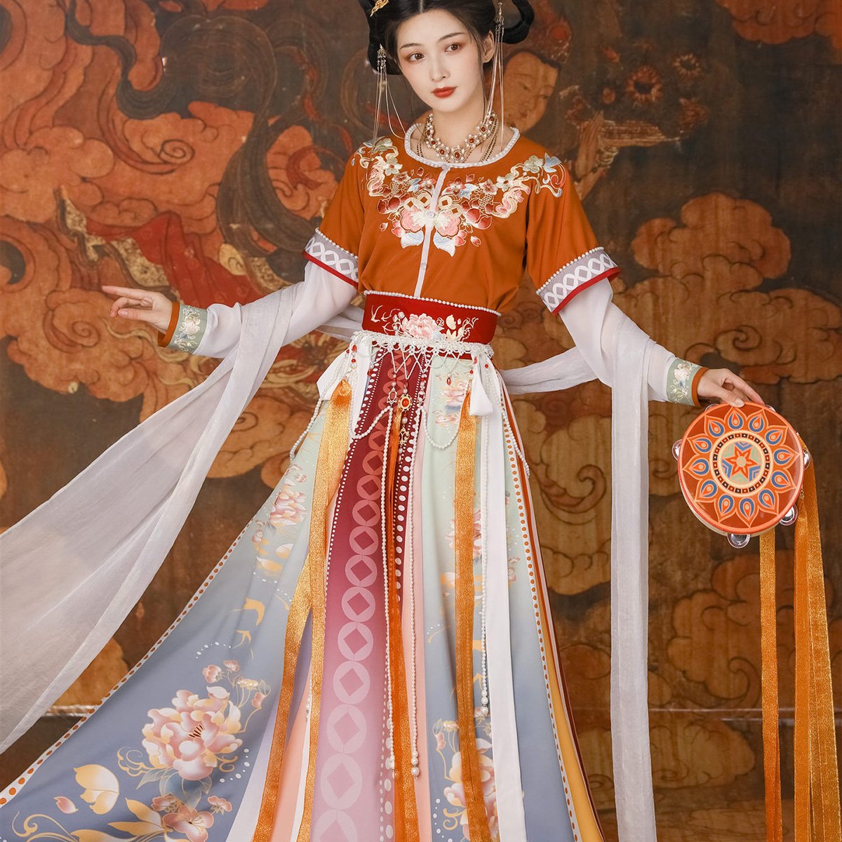 Orange Multicolor Tang Dynesty Hanfu Set - Traditional Embroidered Gown