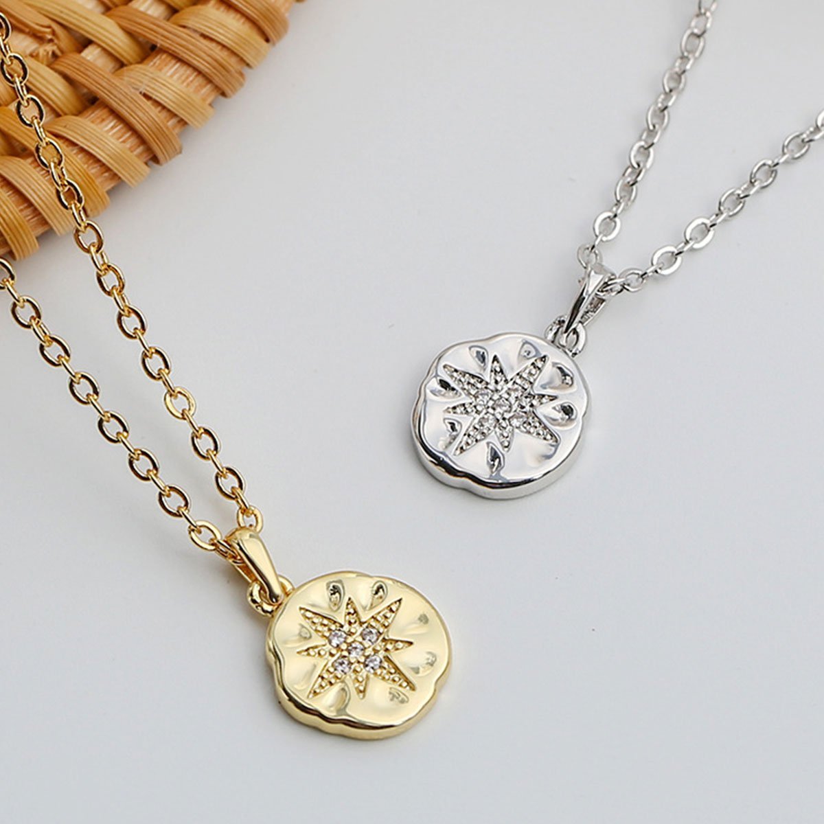 Polaris Coin Button Pendant Necklace Octet Star Vintage Celestial Jewelry