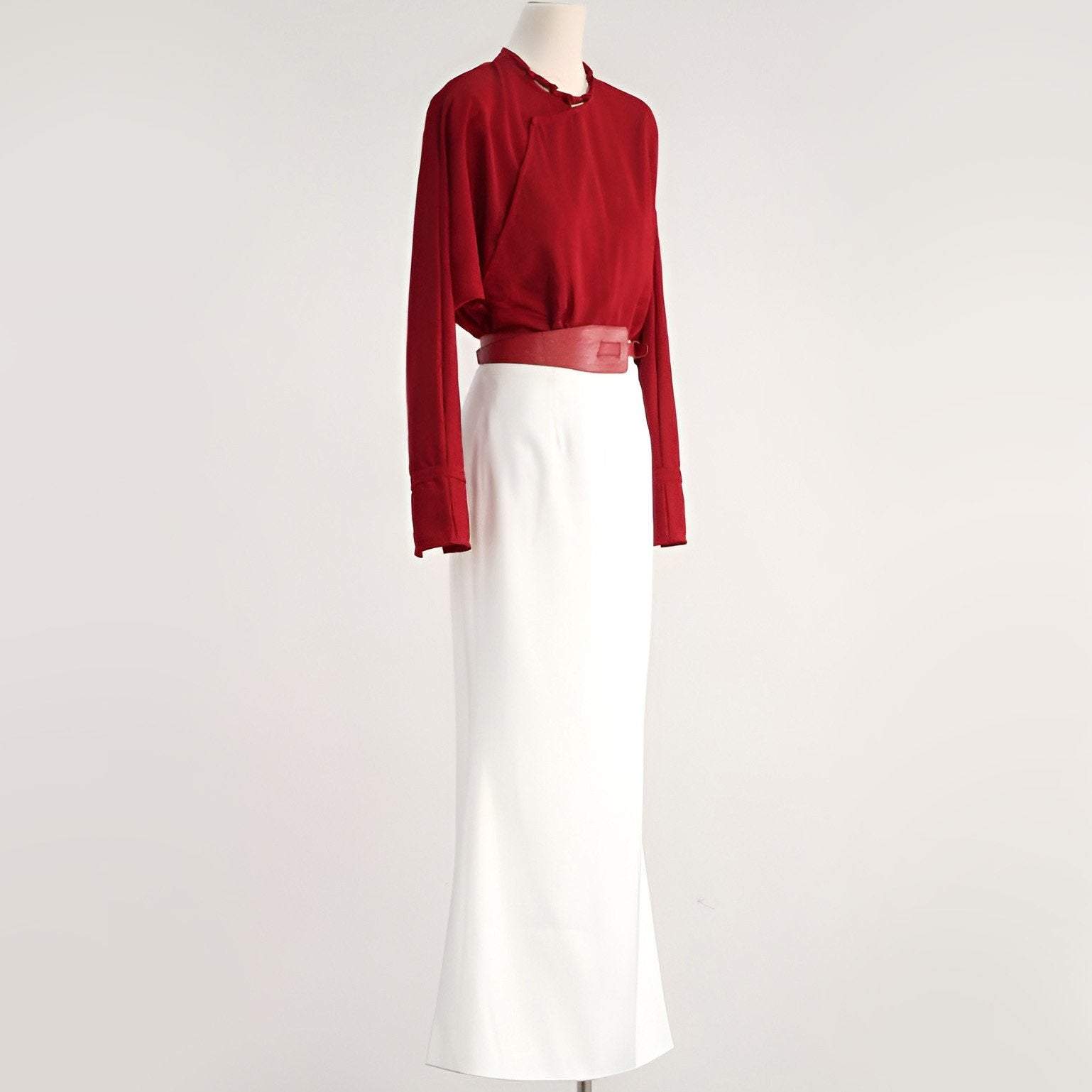 Red Blouse and White Skirt Modern Chinese Fashion Set for Wedding