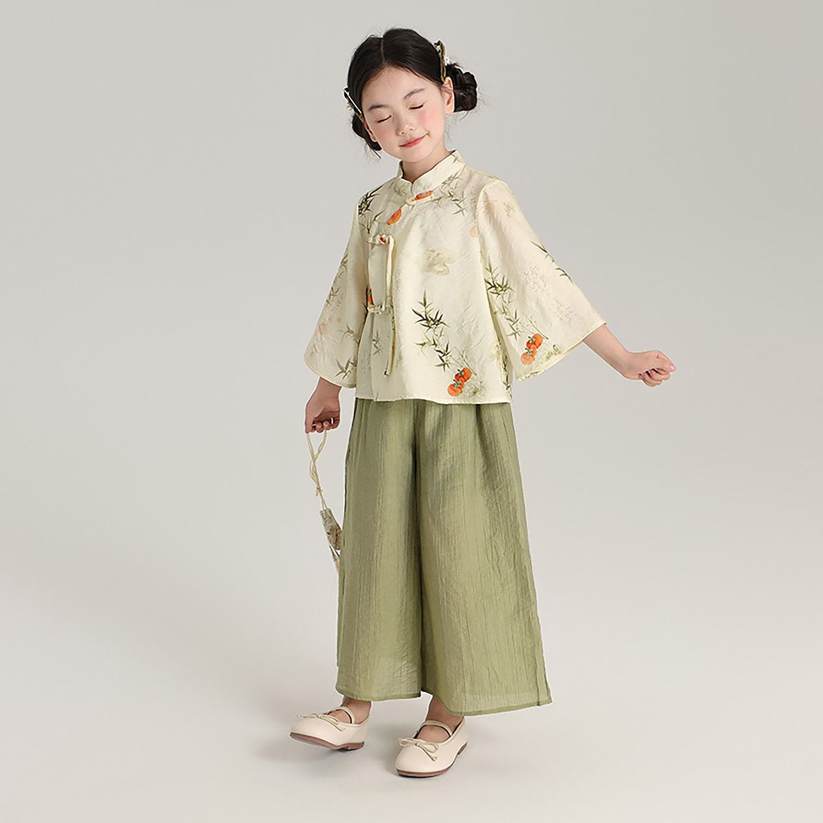 Girl's Bamboo Printing Green Two Pieces Set